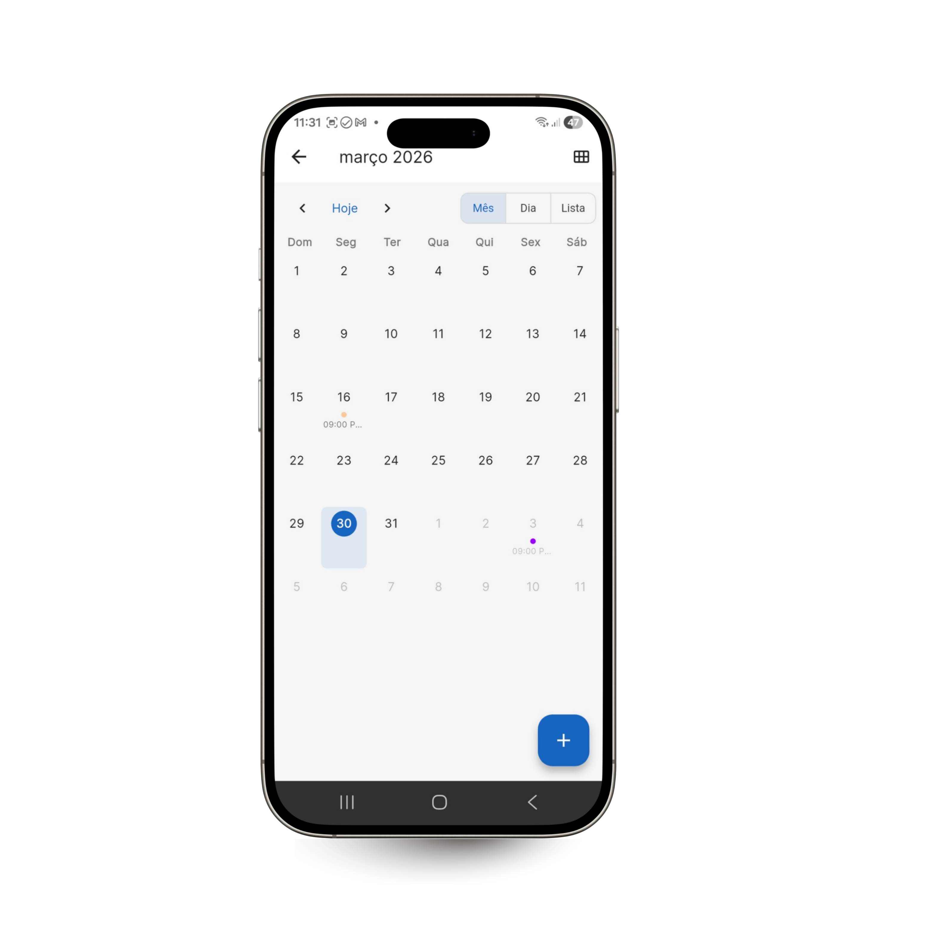 Calendário de serviços no FastCRM Mobile