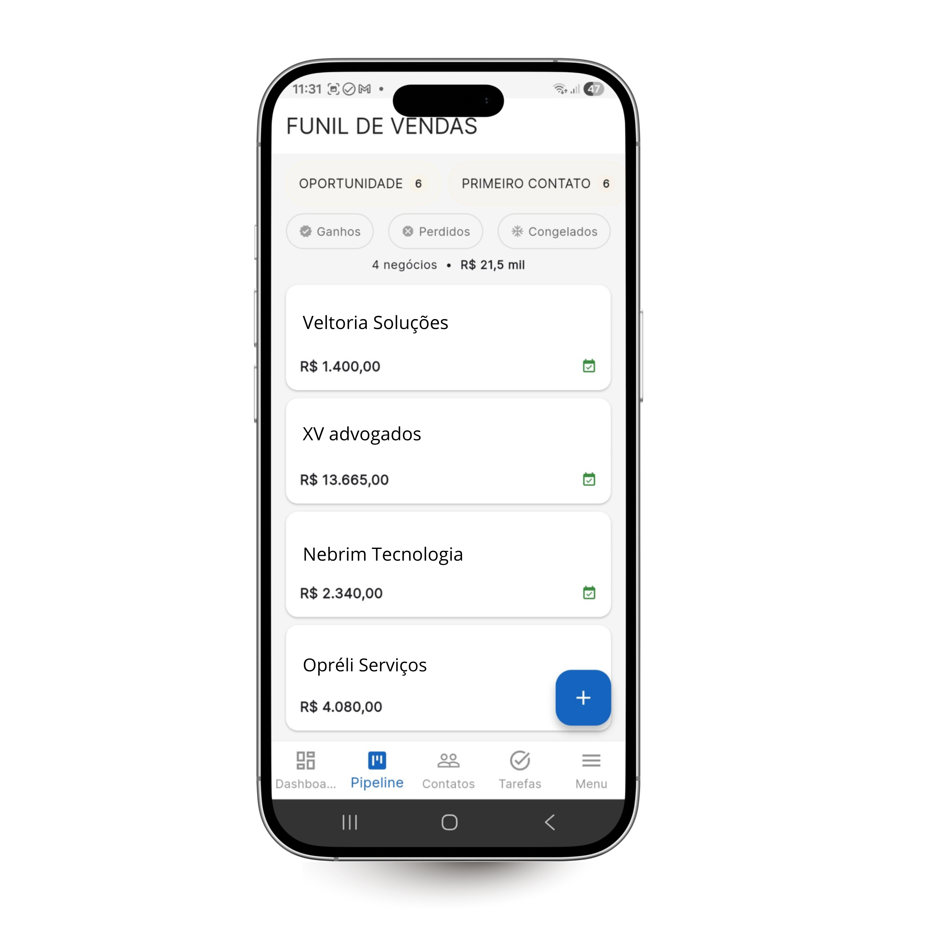 Funil de vendas no app FastCRM Mobile