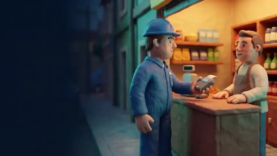 Animação: técnico entregando a maquininha no balcão do lojista