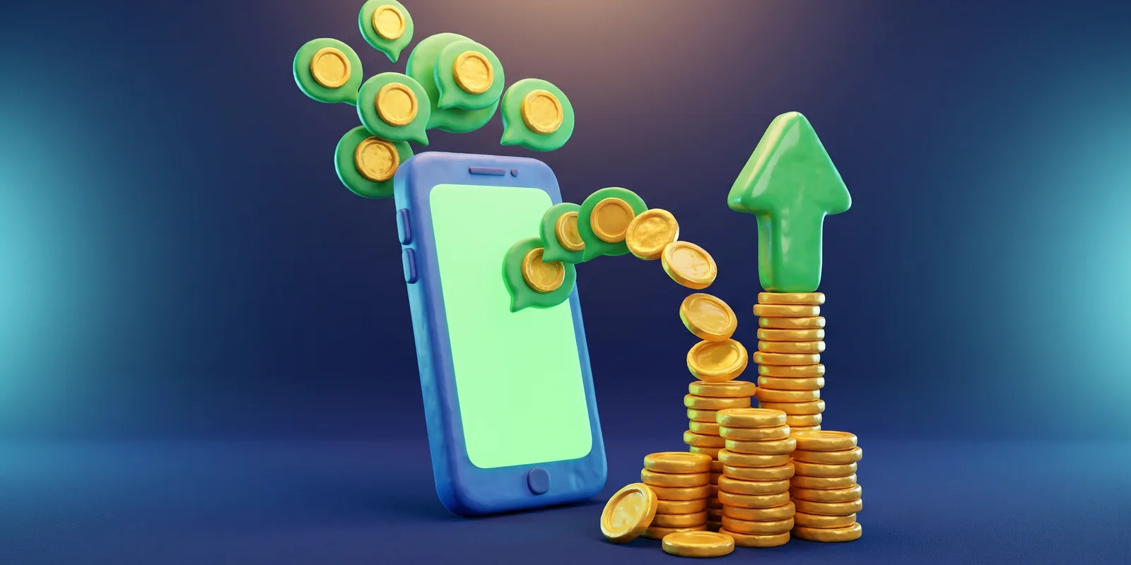 Ilustração 3D de um celular soltando balões de conversa verdes, cada um com uma moeda, que se acumulam em pilhas crescentes sob uma seta para cima